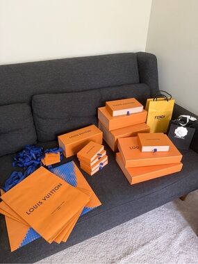 Louis Vuitton Orange Gift Boxes with Blue Ribbon Accents